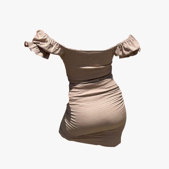 (NWT) Smocked Ruched Dress (Midi or Mini) - Khaki - Picture 3 of 6